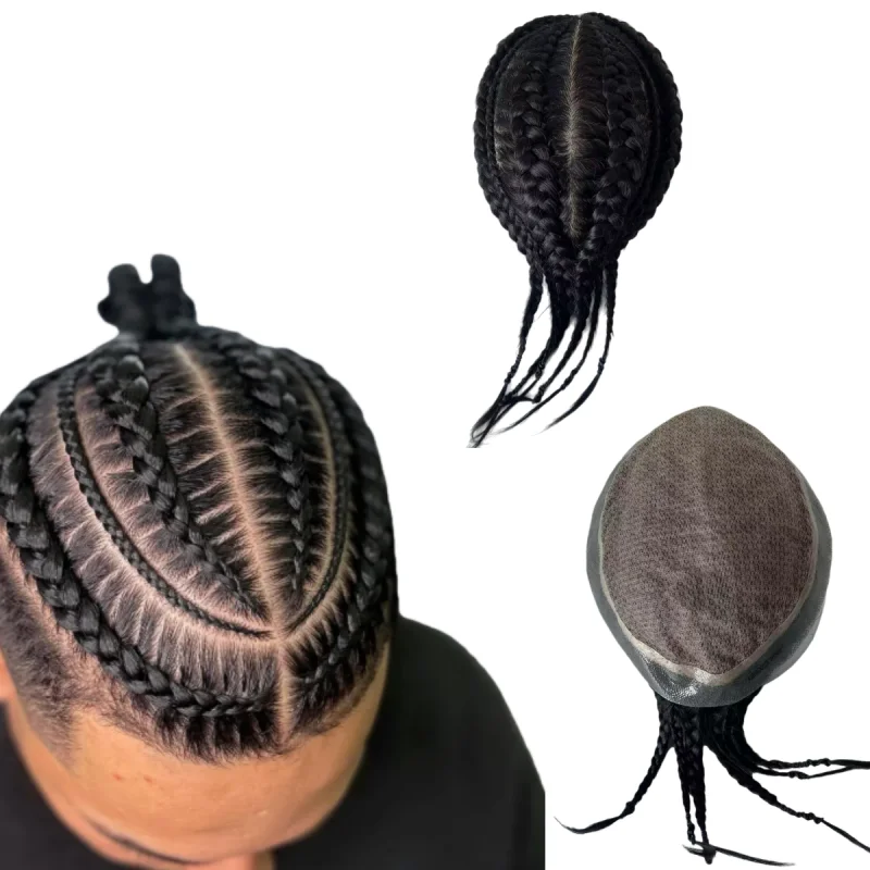 

Малайзийские системы натуральных человеческих волос Cornrow Braids # 1B Черный шелковый парик 8x10 для европейских мужчин