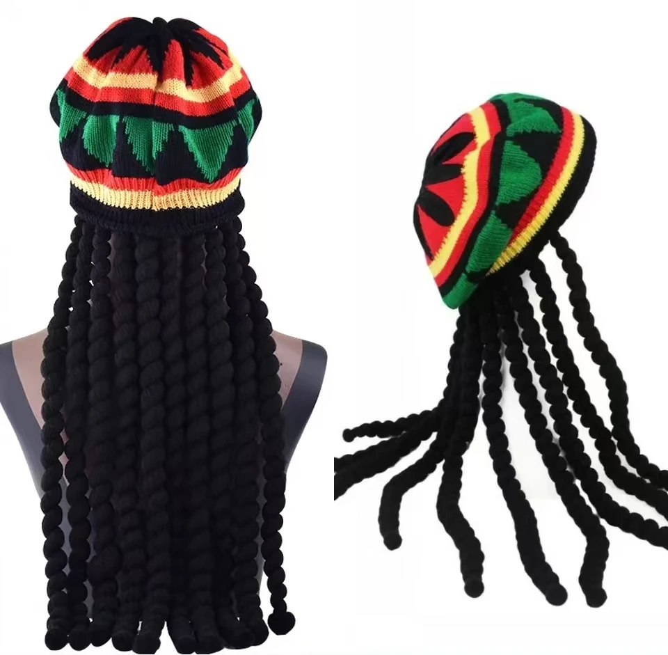 New Unisex Knitted Braid Hat Jamaican Bob Rasta Beanie Hats Hip Hop Cap Dreadlocks Wig Bob Marley Caribbean Fancy Dress Hat