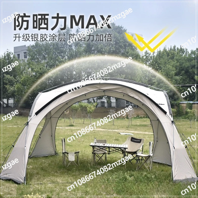 Vinyl dome canopy tent for outdoor use with an extremely large space. Silver egg-shaped shell multi-person camping tent