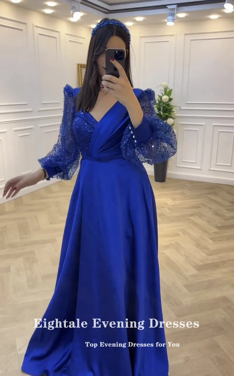 Eightale Royal Blue Evening Dresses Puffy Sleeves Sweetheart Glitter Customized V-Neck Satin Prom Party Gown vestido de fiesta