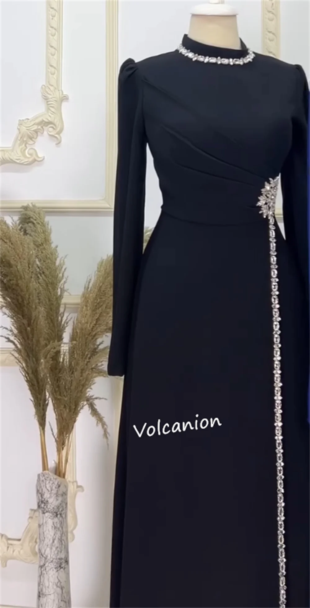 Gaun Midi Kerah Tinggi A-line Berpayet Jersey Kustom Acara Dipesan Lebih Dahulu Malam Klasik Retro Gaya Cina