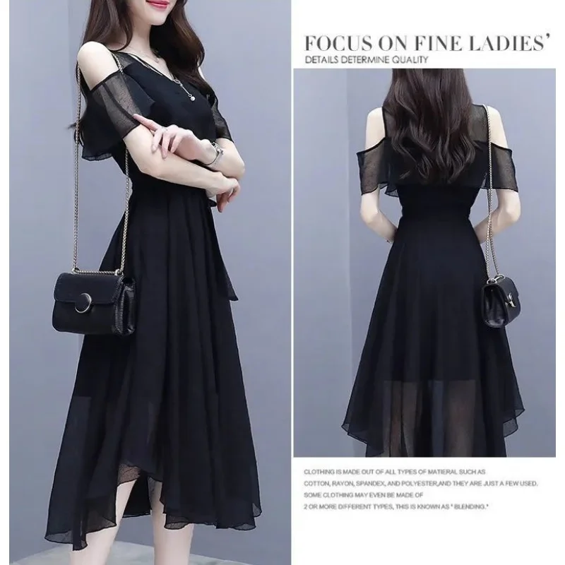 Summer Women's Chiffon Sexy Slim Black Midi Dress Lady Graceful Off-Shoulder Short Sleeve Dresses 2025 Fashion Clothing Female