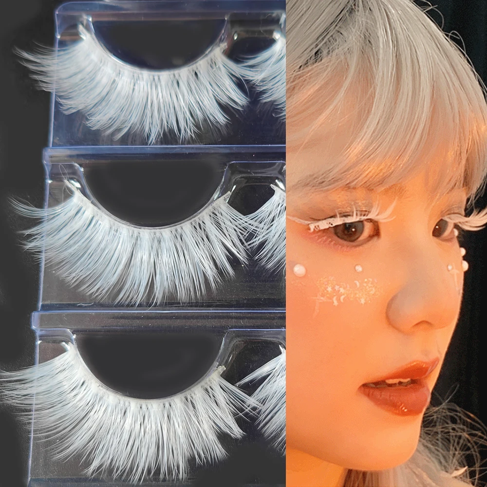 3 pares de pestañas blancas, maquillaje de Cosplay, tira cruzada larga Natural, pestañas postizas, Cosplay, Manga de Halloween, pestañas largas y gruesas