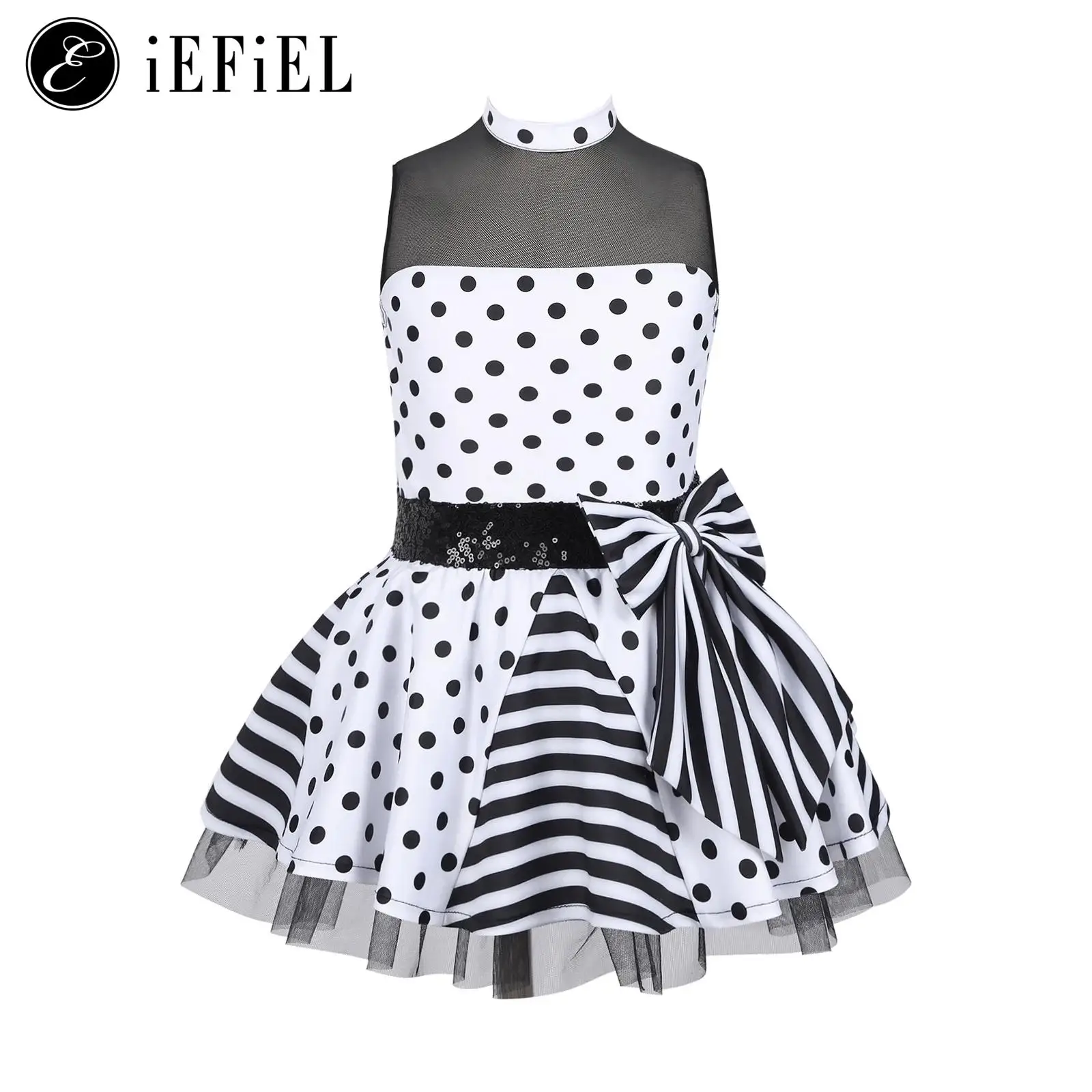 เด็กผู้หญิง Polka Dots Sequins แขนกุดคอ Bowknot บัลเล่ต์ Tutu Leotard Stage เครื่องแต่งกาย Dancewear