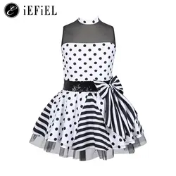 Kids Girls Polka Dots Sequins Sleeveless Mock Neck Bowknot Ballet Dance Tutu Dress Leotard Stage Performance Costume Dancewear