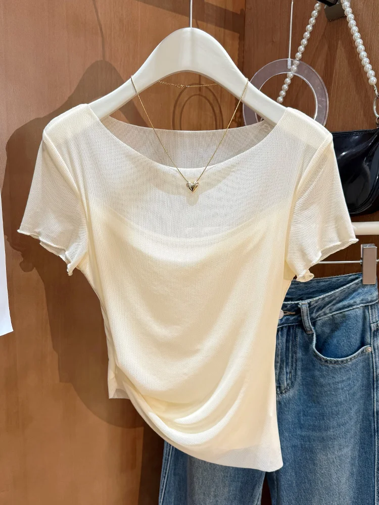 

Новая женская футболка 2026 года из тонкого шелка с охлаждающим эффектом, цвет абрикосовый, с круглым вырезом, плиссировкой по бокам на талии, летняя одежда