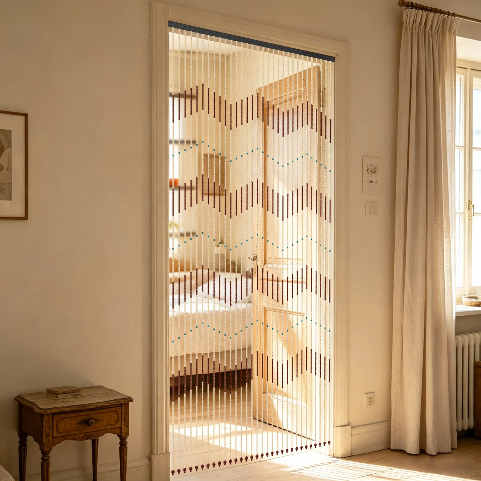 0,9*2,2m 31-reihiger Türvorhang aus Holzperlen mit Wellenmuster, Trennvorhang für Flur/Wohnzimmer/Tür/Fenster – Detail 3