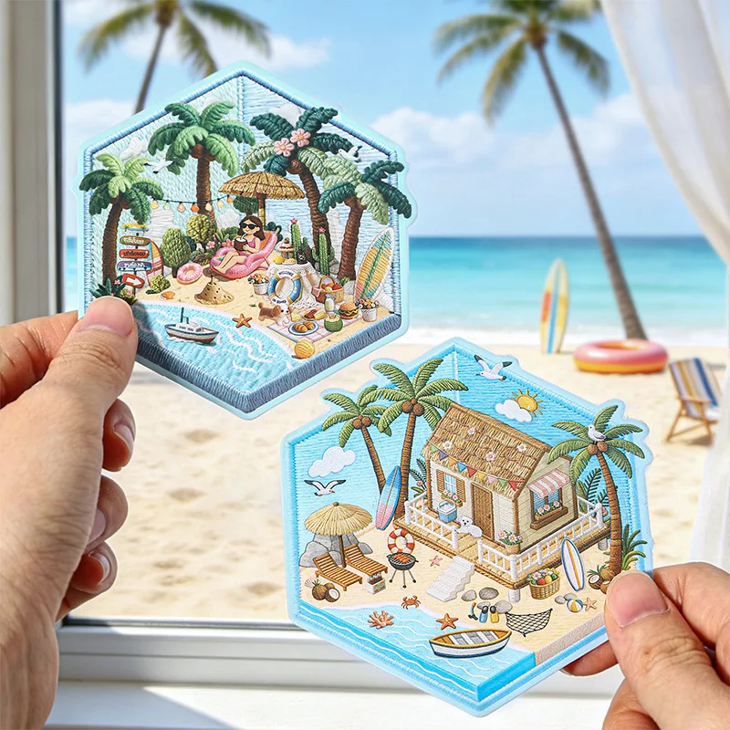 1er-Pack/2er-Pack Bestickte Sommer-Serie PET-Aufkleber-Set im Stickerei-Stil, 4 Designs, 2 Stück Aufkleber