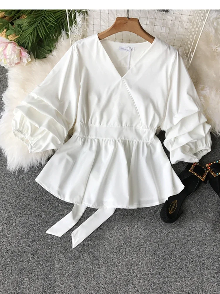 Women\'s Spring Summer Shirt Top New Fashion Shirt V-neck Three Quarter Bow Lacing Waist Pleated Top Shirt Blouse ML831