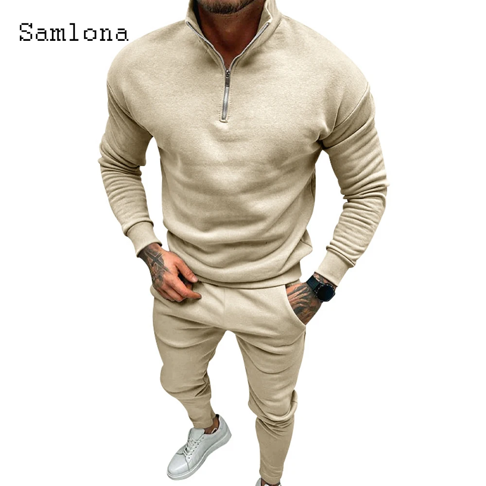 Plus Size Mens Casual Two Piece Sets 2023 Autumn Winter Fashion Zipper Sweatshirt and Solid Khaki Sweatpants Male Tracksuits Set