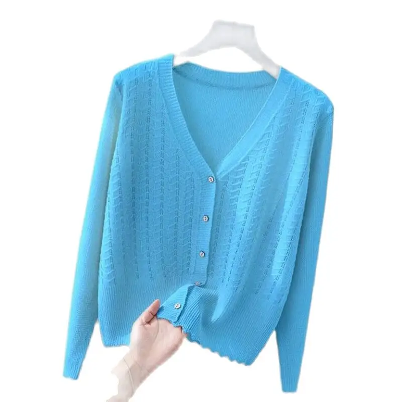 

Women's Thin Knitted Sweater 2023 New Spring Autumn Ice Silk Cardigan Jacket Tops Sun-Proof Knitwear Air-Conditioned Shirt