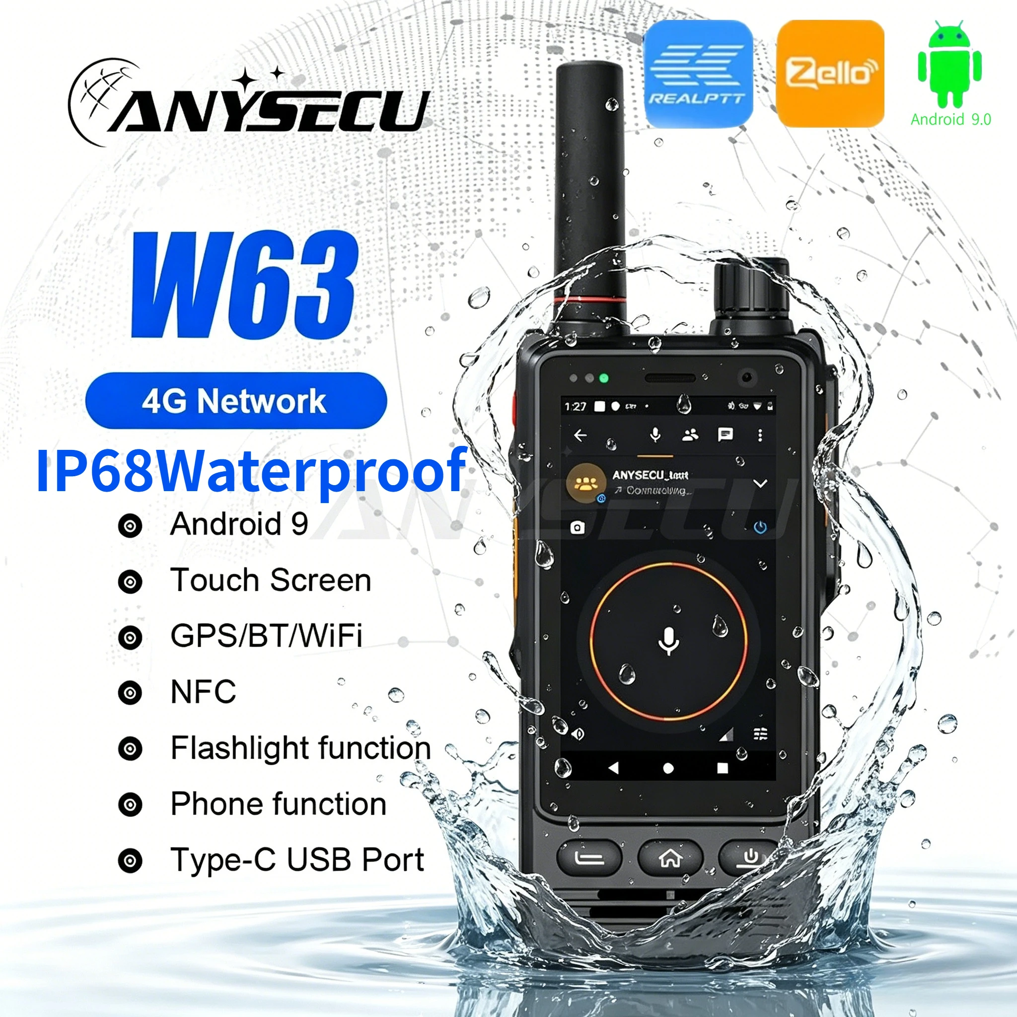 

ANYSECU W63 4G Network IP68 Walkie Talkie Zello RealPTT Android 9.0 Dual SIM Rugged Two Way Radio with GPS NFC 4000mAh Battery