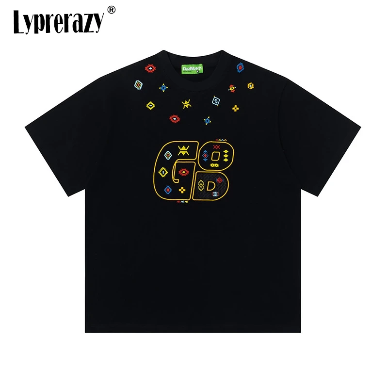 

Lyprerazy, китайская уличная брендовая мужская футболка в этническом стиле с короткими рукавами и вышивкой, летняя повседневная футболка из чистого хлопка