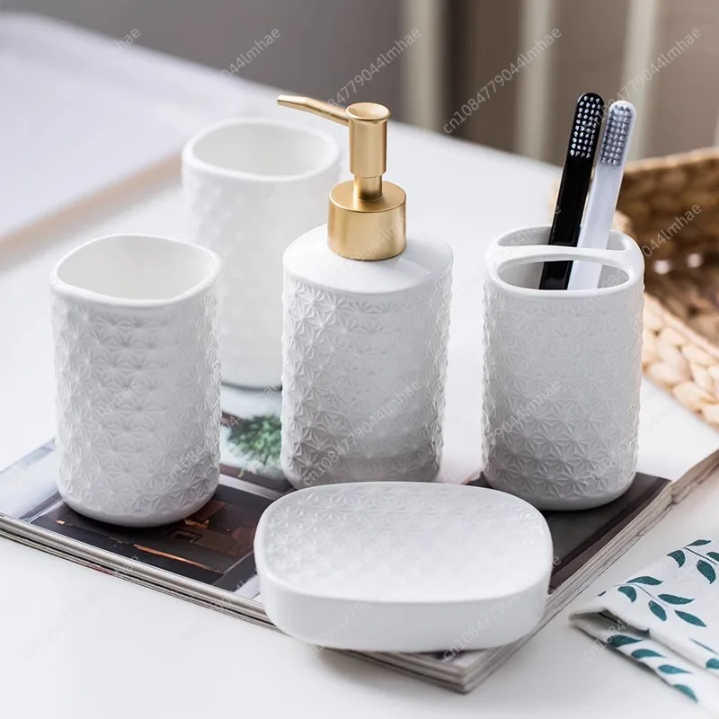 

Ceramic Bathroom Set 4/5 pcs - Modern SimpleToothbrush Cup Soap Dish Tumbler Holder Minimalist Vanity Decor for Sink Countertop