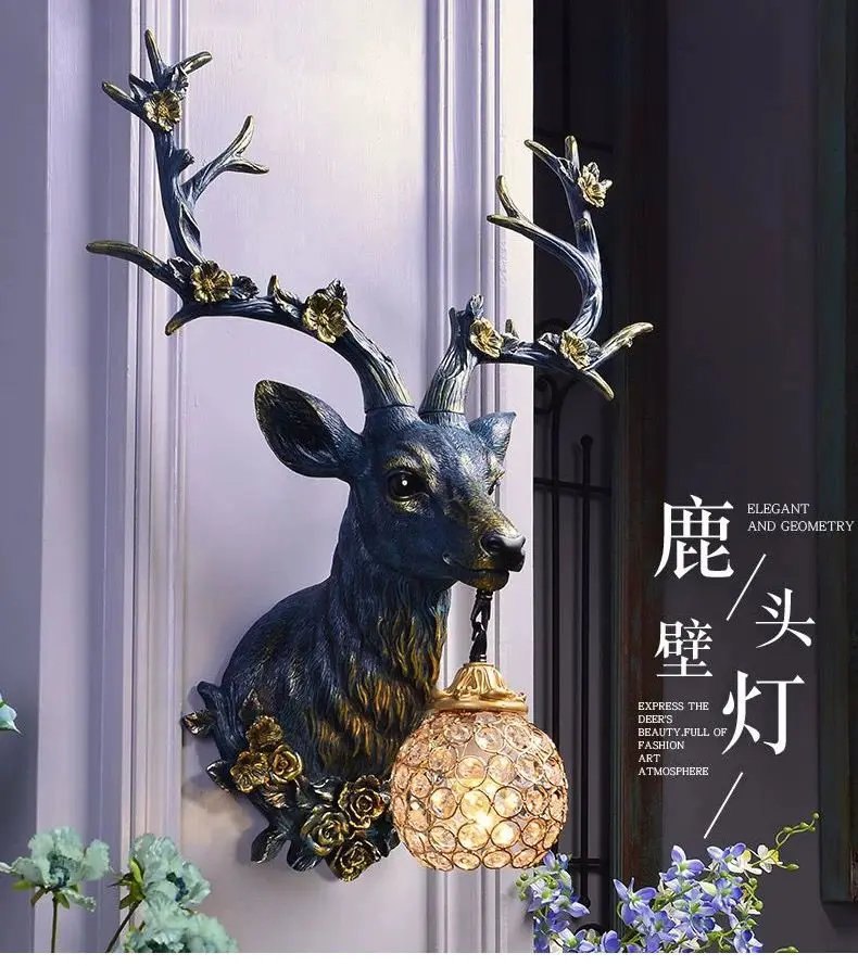 Retro Blue deer head crystal wall lamp living room  bedroom bedside lamp creative plum deer horn wall lamp