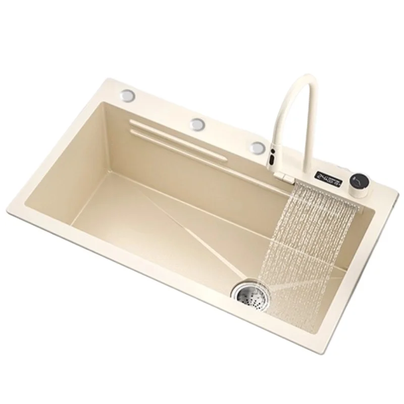 

Milk white digital display Feiyu waterfall sink, kitchen 304 stainless steel vegetable basin household large single tank