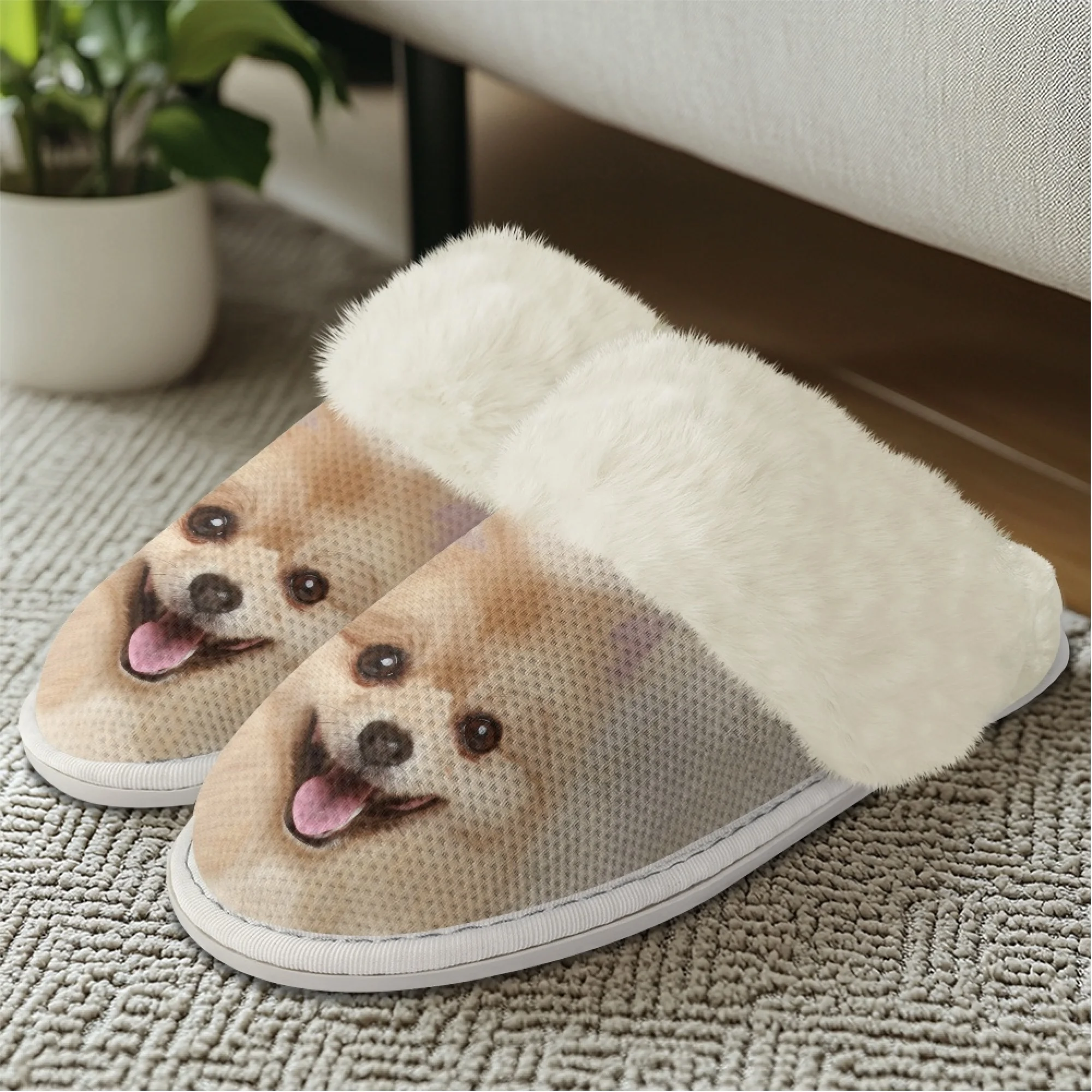 INSTANTARTS Women Flat Fuzzy Slippers Cute Golden Puppy Printing Soft Non Slip Comfortable Indoor Winter Warm Shoes