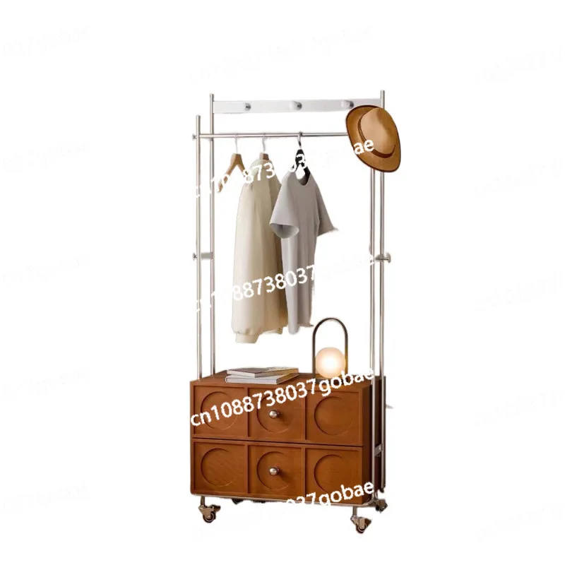 

Bedroom household solid wood coat rack Floor-to-ceiling multi-functional hanger Stainless steel removable storage cabinet