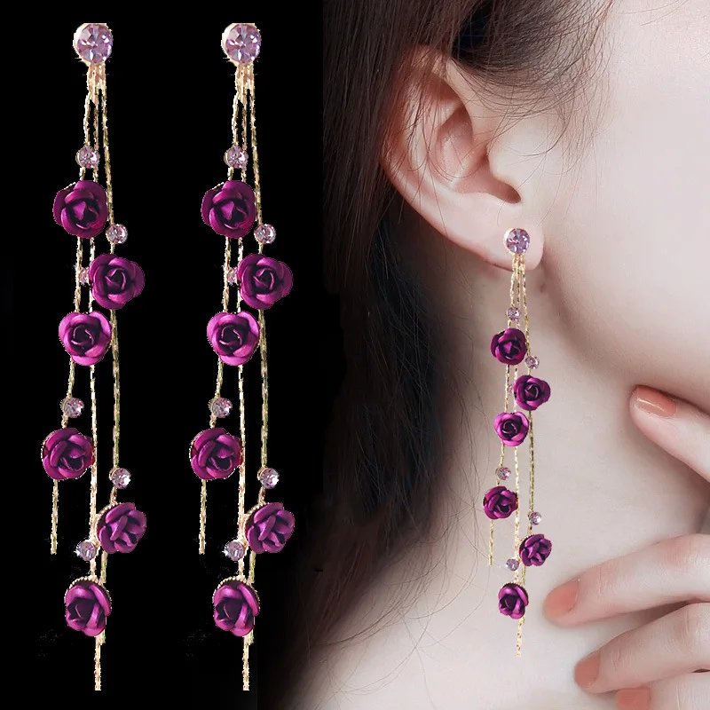 

South Korea S925 silver needle ear stud long style temperament rose tassel earrings fashion flower earrings net red earrings wom
