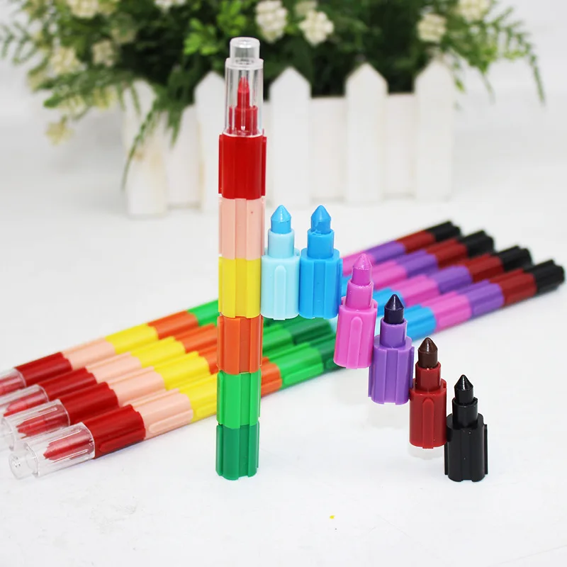 24pcs Creative Assembled Building Blocks Color Crayon 12  Crayon Oil  Pen C Student Stationery