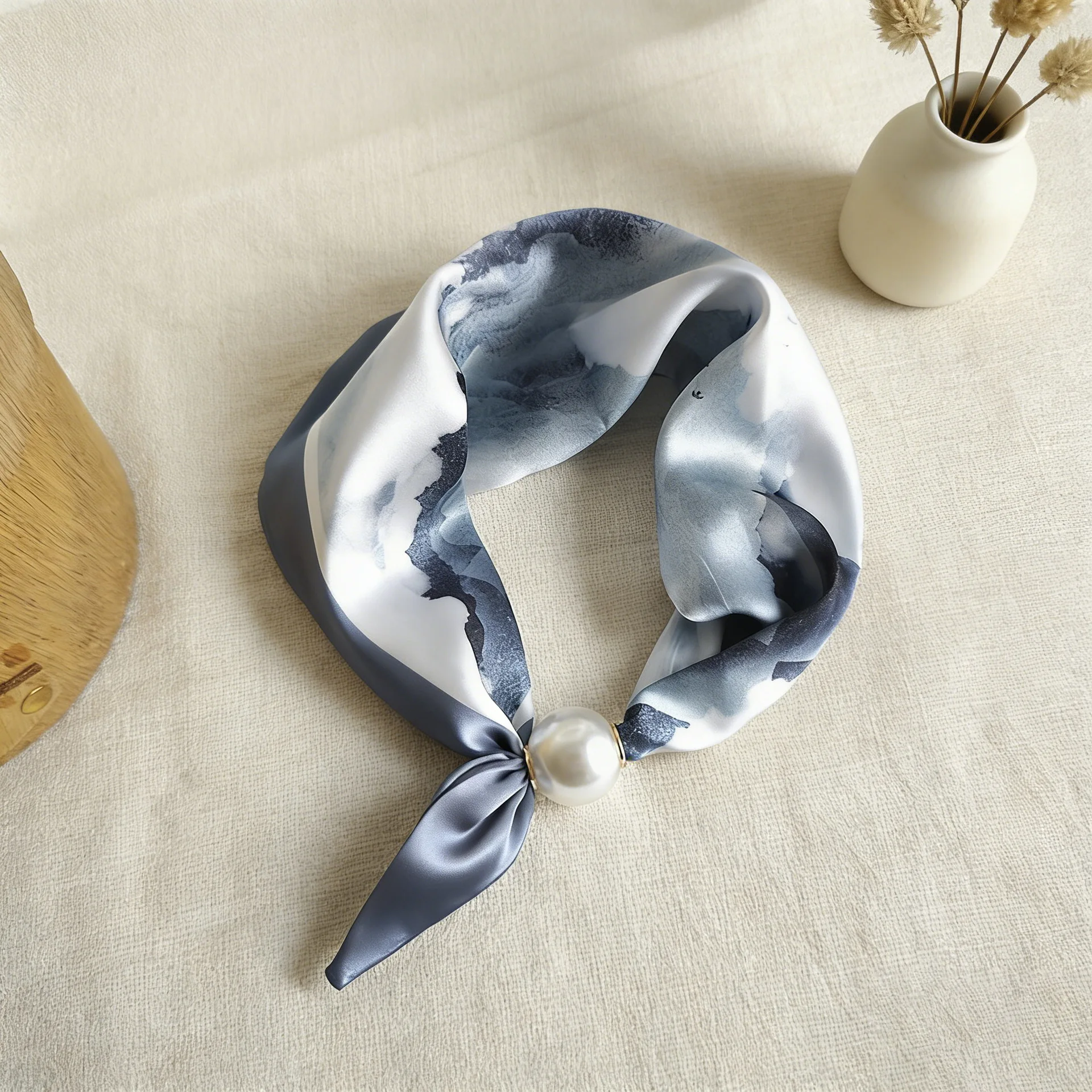 

Fashion Silk Scarf Women Thin Pendant Magnetic Collarbone Female Buckle Chain Pearl Lazy Headband Neckerchief Hair Bands Femme