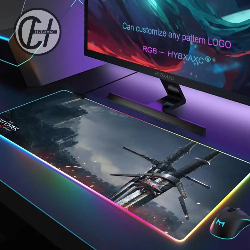 T_the W_witcher 3 لوحة ماوس RGB ملحقات الألعاب ماوس مضيئة حصيرة مكتبية بإضاءة خلفية وسادة LED كبيرة ألعاب مضيئة حصيرة