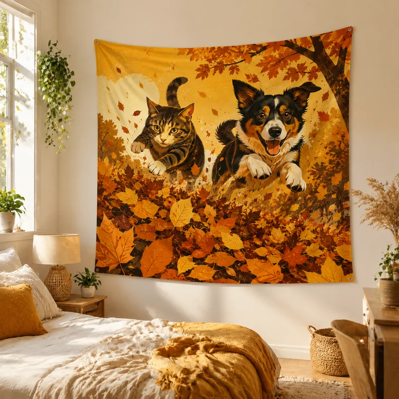 VIKAMA Autumn Maple Leaf Pet Tapestry, Cat and Border Collie Wall Hanging, Cute Animal Print Tapestry, Home Decor