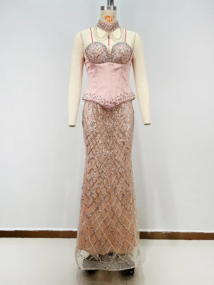 여성용 핑크 크리스탈 머메이드 이브닝 드레스 – 코르셋 버스티에 비즈 장식 맥시 드레스 트레인 포함 섹시한 프롬 이브닝 롱 드레스