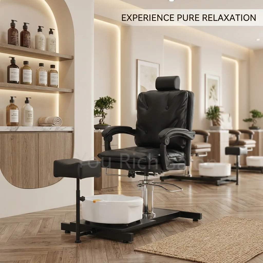 Commercial Salon Furniture Hydraulic Reclining Barber Chair with Foot Bath Pedicure Tub for Beauty Spa and Barbershop