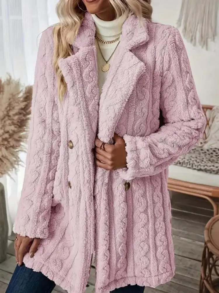 Nieuwe Pluche Jas Voor Dames Explosie Comfortabele Casual Warme Kraag Met Dubbele Rij Knopen Bontjas
