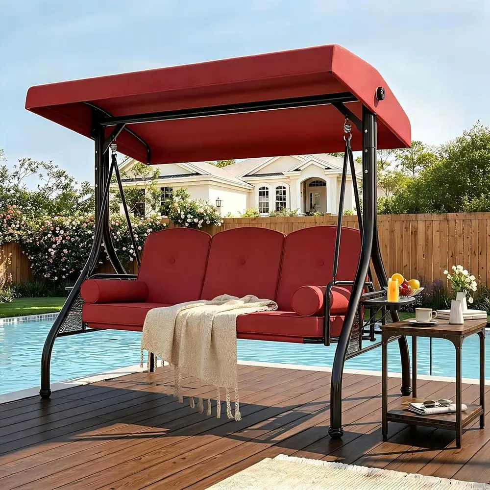

3-Seat Outdoor Swing: Convertible Patio Swing & Bed with Cushions, Pillows, Cup Holders for Porch, Backyard, Garden (Red)