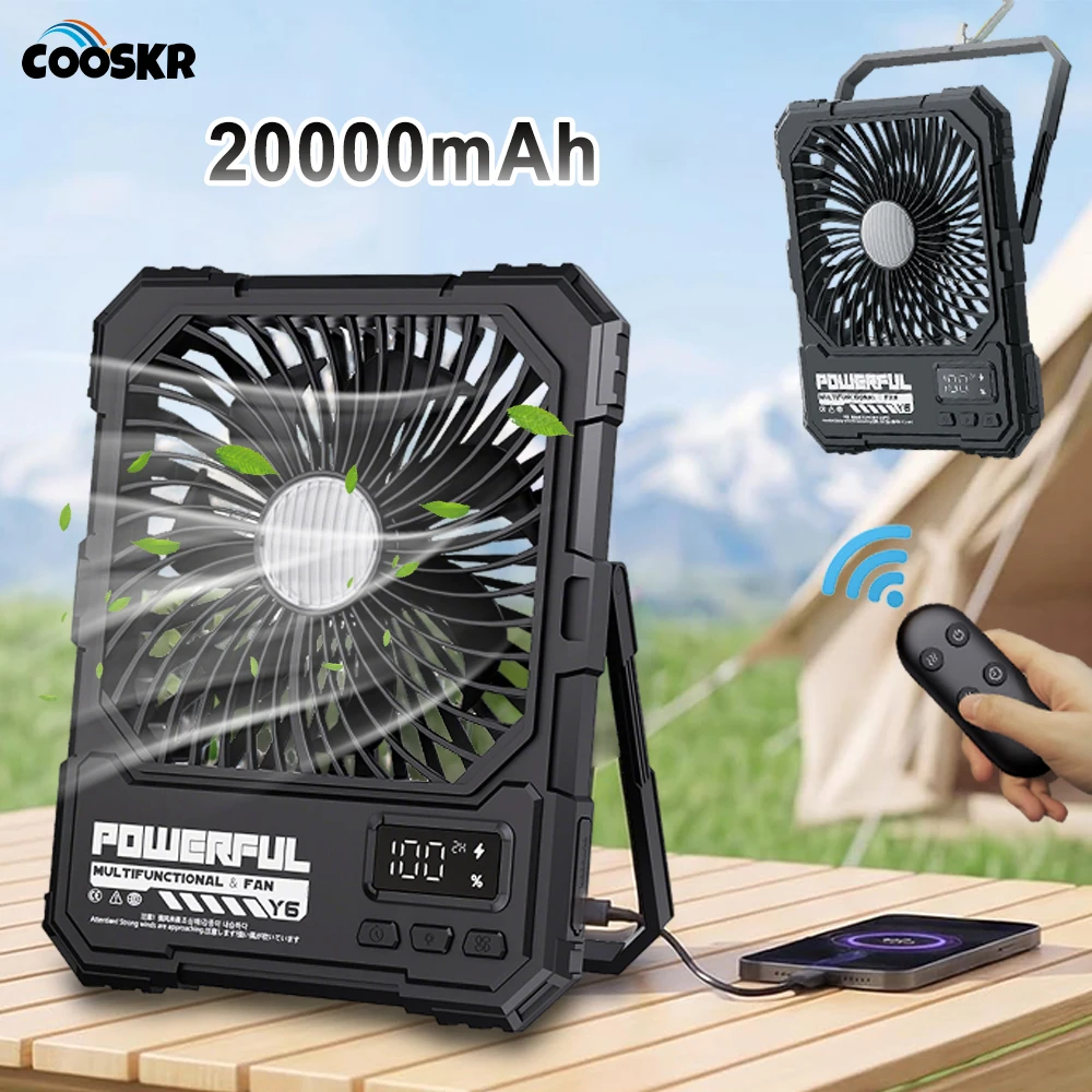 Portable Camping Fan 20000mAh Power Bank USB Rechargeable Outdoor Ten Ceiling Fan Wireless Desktop Cooling Fan With LED Lighting