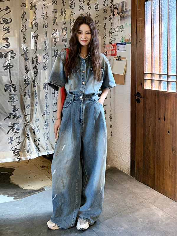 

Blue Denim Overall Pants Women's Loose Casual Style High Waist Long Pants Polyester Fiber Commute Workwear Summer New Fashion