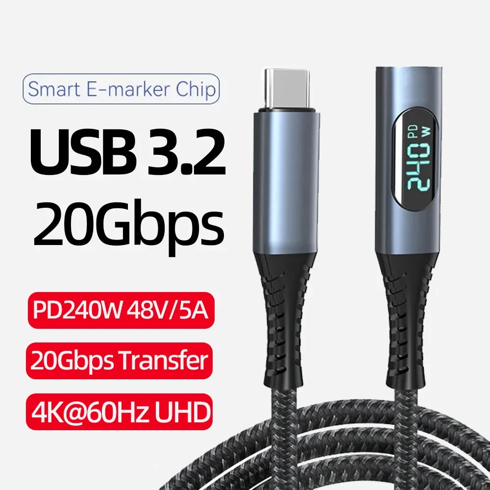 USB C Extension Cable Digital Power Meter Tester for Monitoring  Supports Fast Charging up to 240W 4K 60Hz Display 10Gbps