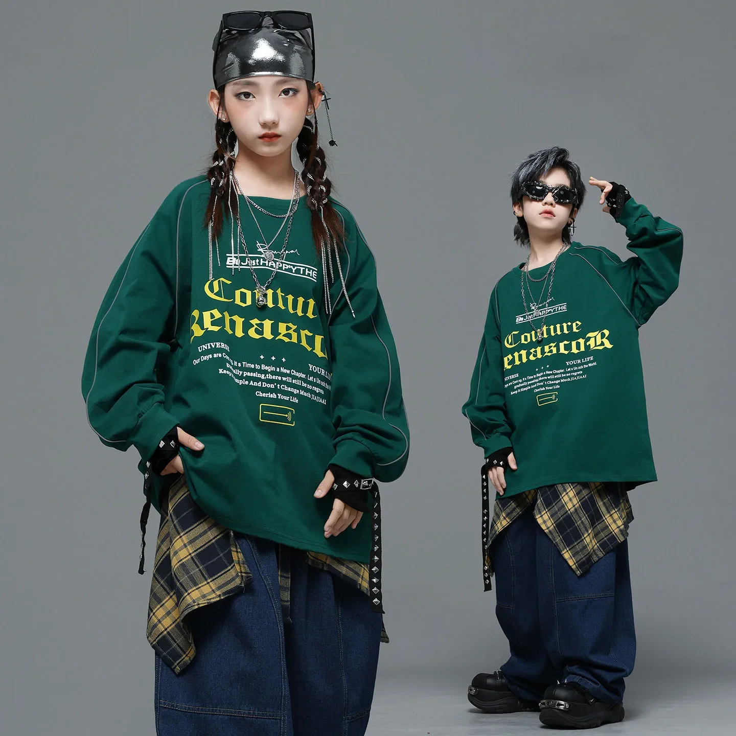 Kind Kpop Hip Hop Kleidung Grün Rot Buchstaben Sweatshirt Denim Blau Baggy Jeans Hosen für Mädchen Junge Street Dance Kostüme Kleidung