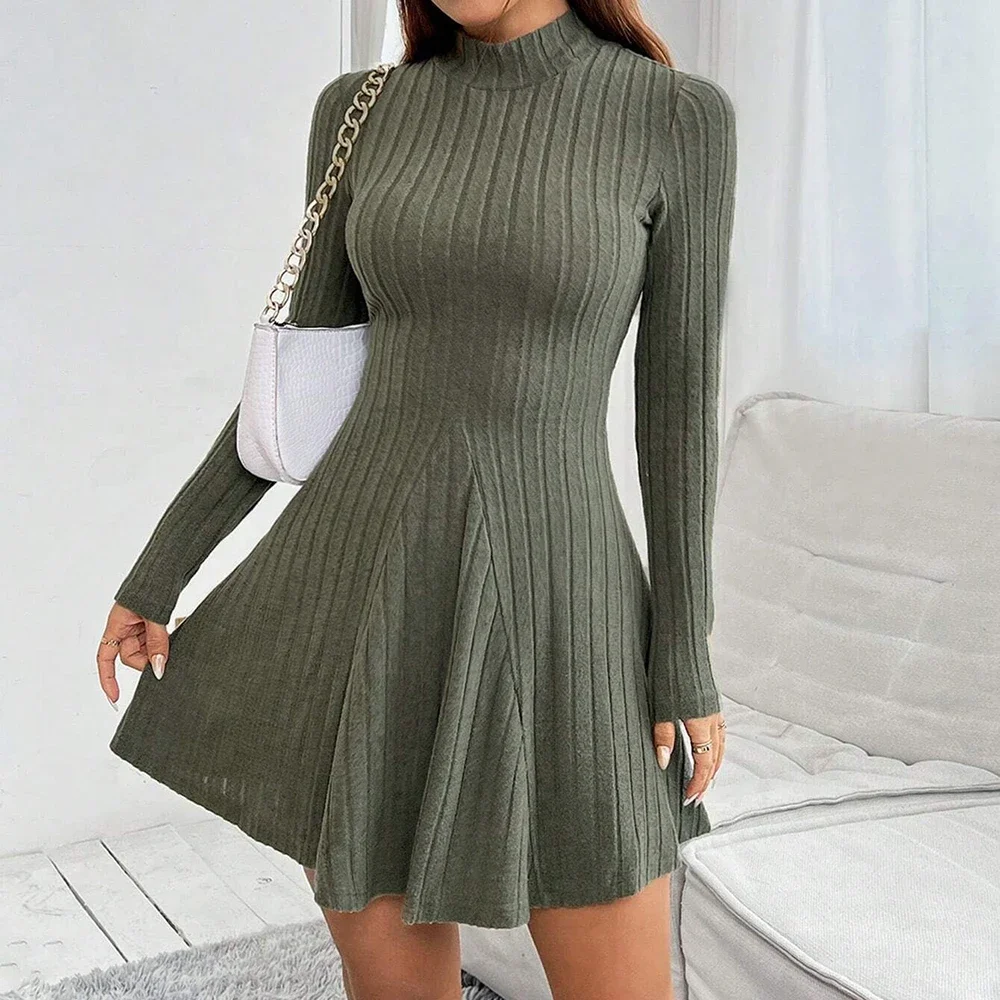 

Women's Dresses Fall Winter Simple Solid Color Long Sleeve Mock Neck A Line High Waisted Flare Hem Casual Short Dresses