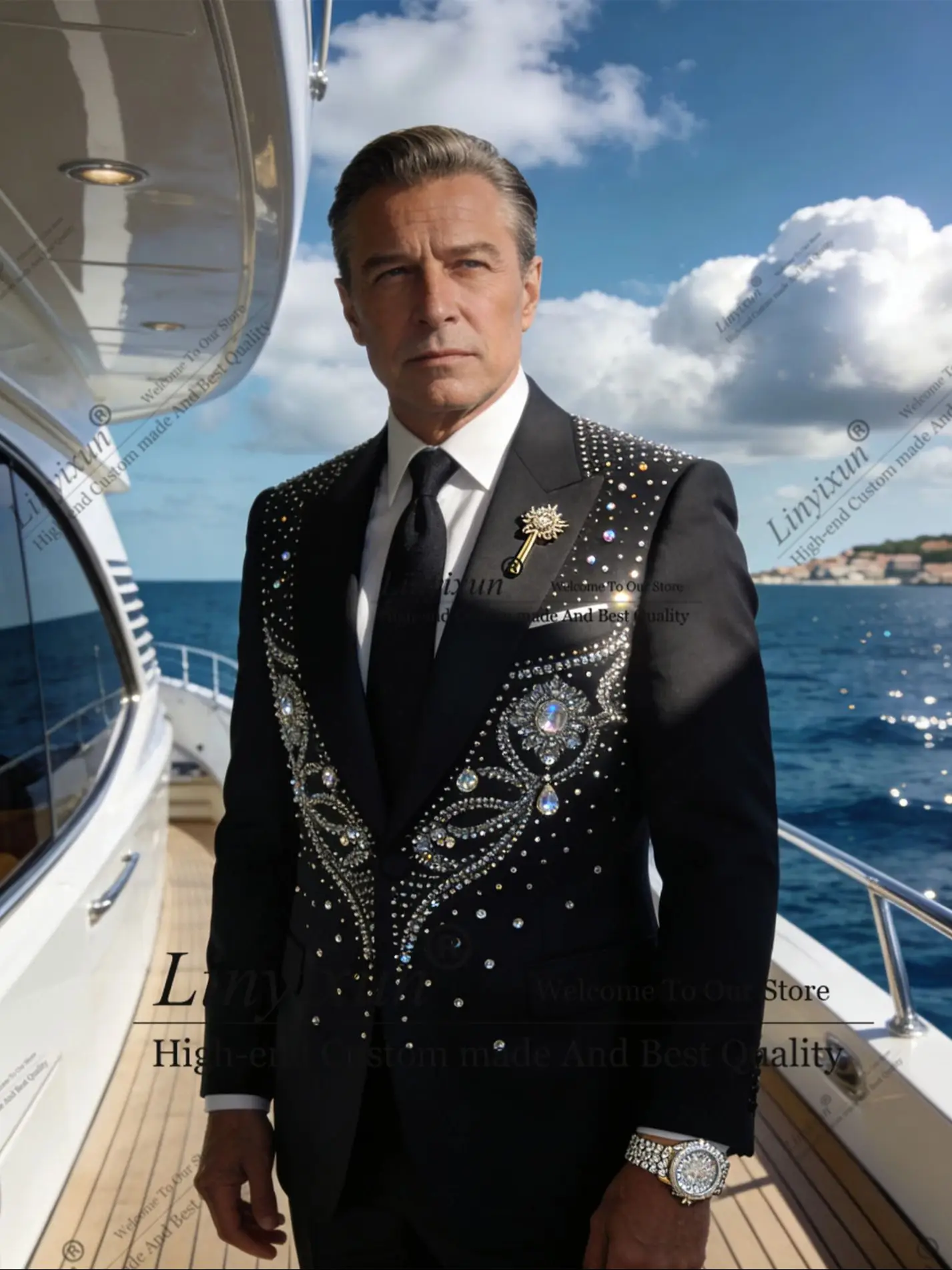 

Elegant Beaded Diamond Tuxedo Men Suits 2 Piece Wedding Groom Male Prom Blazers Customized Peaked Lapel Party Costume Homme
