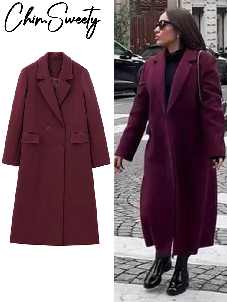 

Элегантное женское бордовое шерстяное пальто с уличными лацканами, двубортное длинное пальто с длинными рукавами, осень-зима 2023, женская шикарная верхняя одежда
