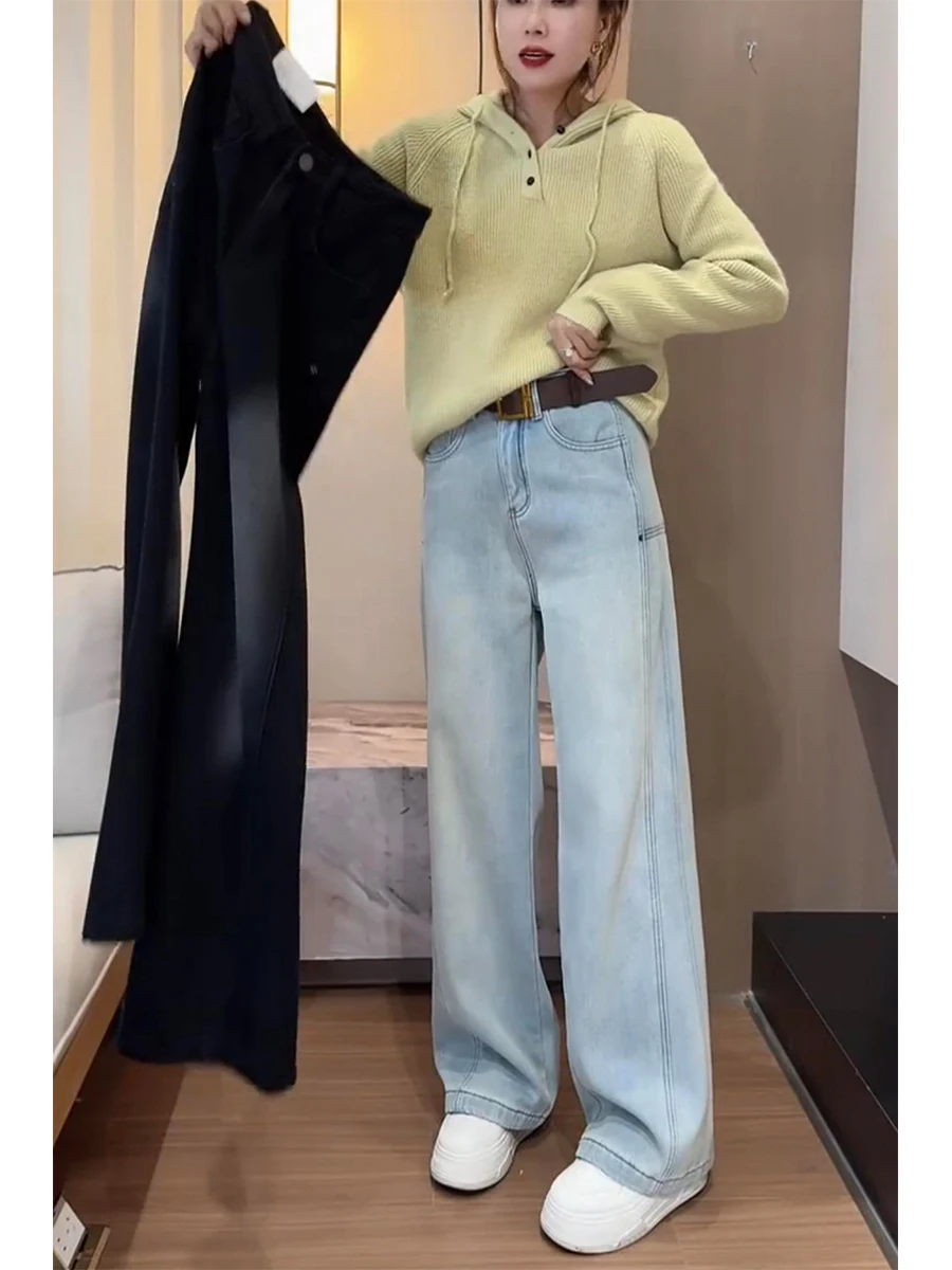 

Джинсы прямого кроя больших размеров для женщин, с высокой талией, свободные, широкие, в пол, осенне-зимние, повседневные, стройнящие брюки