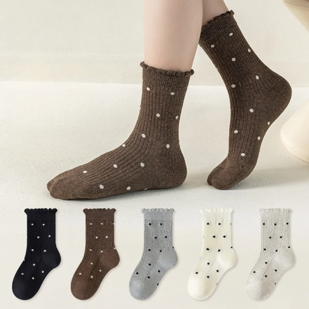 1-12 Yearls Girls' Combed Cotton Polka Dot Children's Socks  with Black Fungus Edge Japanese Mid Tube Socks Five Pairs