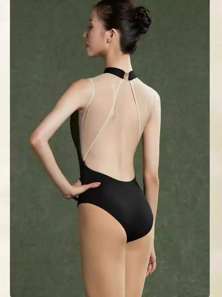 ผู้หญิงบัลเล่ต์ Leotards แขนกุด Stand-up COLLAR ตาข่าย Ruffles Hollow Leotard ผู้ใหญ่หญิงสเก็ต POLE เต้นรําชุดว่ายน้ํา
