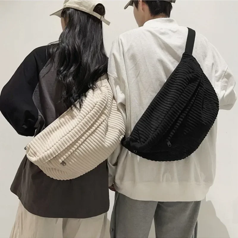Large Capacity Corduroy Women Waist Pack Casual Fanny Pack Academic Style Chest Bag Unisex Shoulder Crossbody Bag Waist Belt Bag