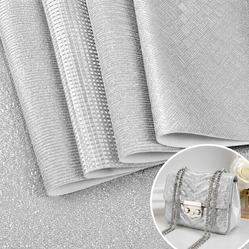 

3D Textured Silver Synthetic Leather Fabric Glitter Embossed Pattern Non-stick Soft Backing Material for Handbags Upholstery DIY
