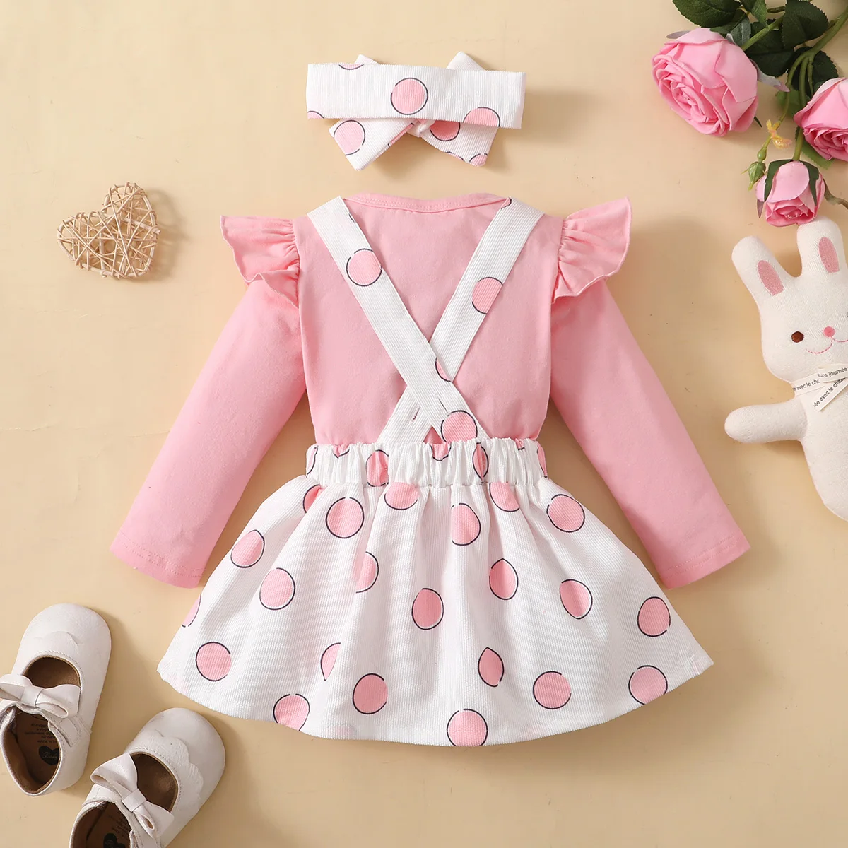 3Pcs Baby Girl Clothes Bunny Polka Dot Dress Set Pink Cute Long Sleeve Romper + Headband for 0-18 Months Infant Autumn Outfit