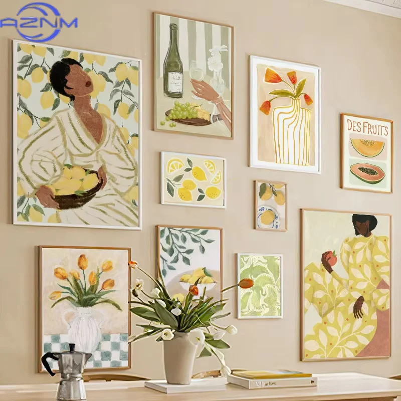 AZNM Retro Pajama Girl Lemon Flowers Vase Abstract Gallery Poster And Prints Wall Art Canvas Painting Pictures For Living Room D