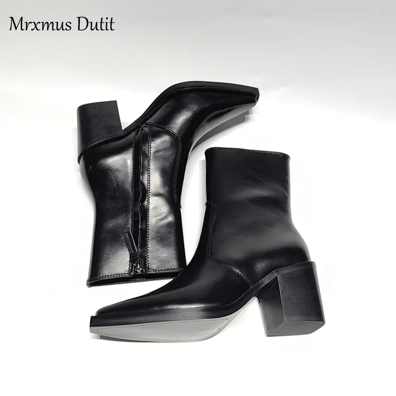 Zelxmus Dutit-Bottes en Cuir group pour Femme, Chaussures à Talon Rugueux, Tête Jolie tue, Simple, Chic, Nouvelle Collection Automne Hiver 2024