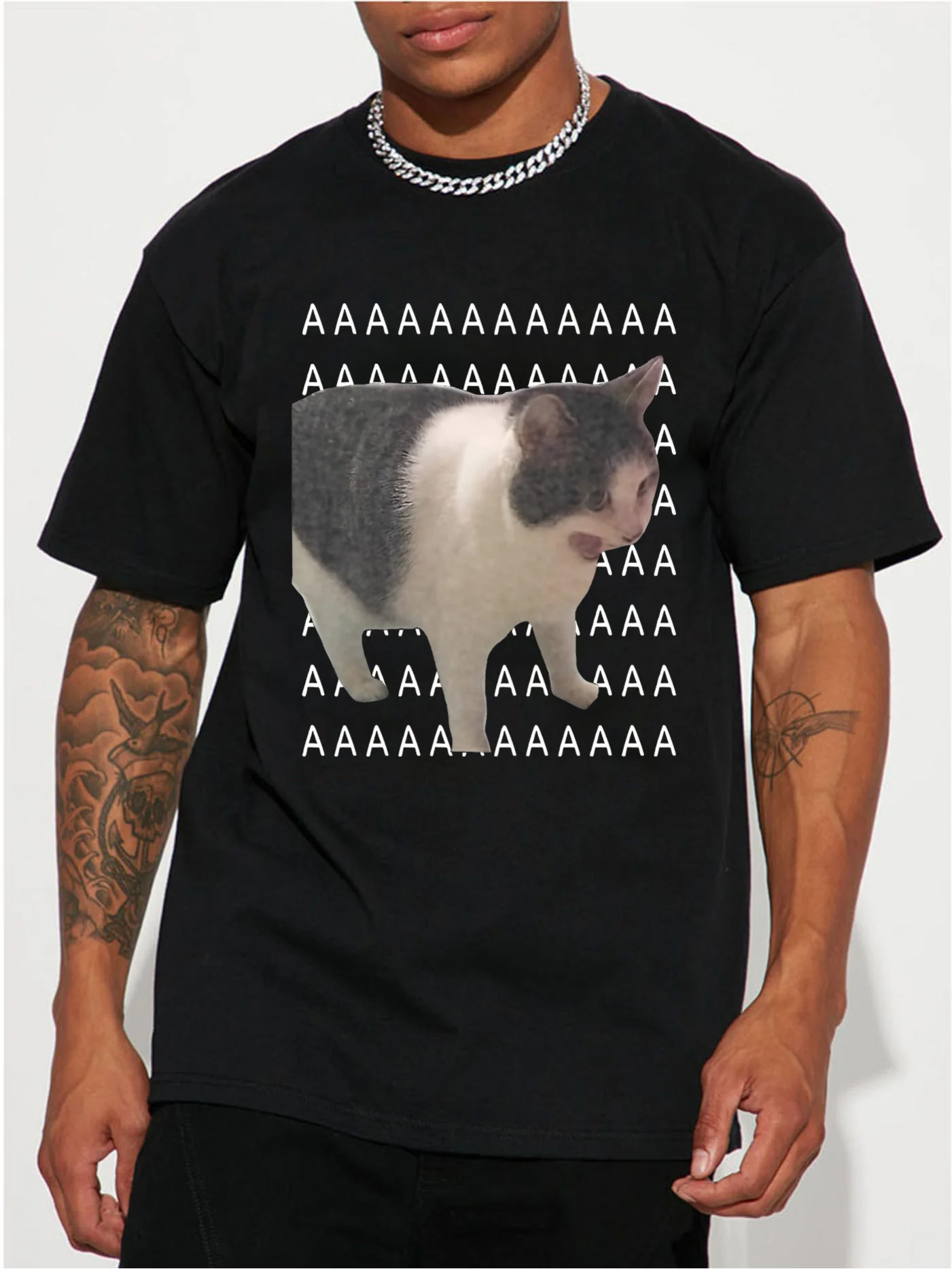 Screaming Cat Meme Graphic Tee Funny Animal Print Soft Cotton Crew Neck T-Shirt Unisex Casual Outdoor Trip