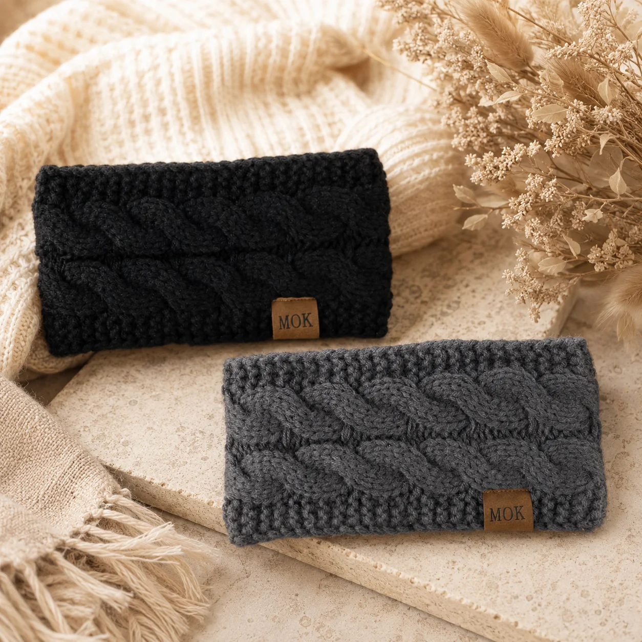 All‑match Woolen Yarn Knitted Wide Head‑Wrap Cable‑twist Headband, MOK Leather Badge Soft Warm Wind‑resistant Outdoor Headgear