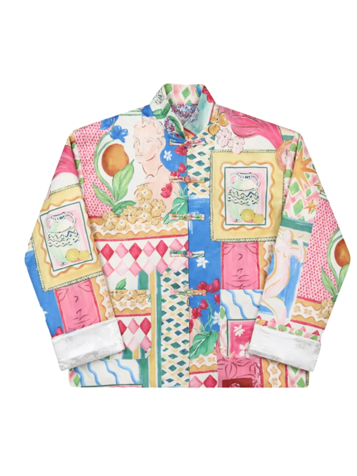 

Spring New Chinese Sle Men's Jaet with Button Collar Casual Floral Pattern Long Sve Loose Fit Youth Trend Spring Autumn