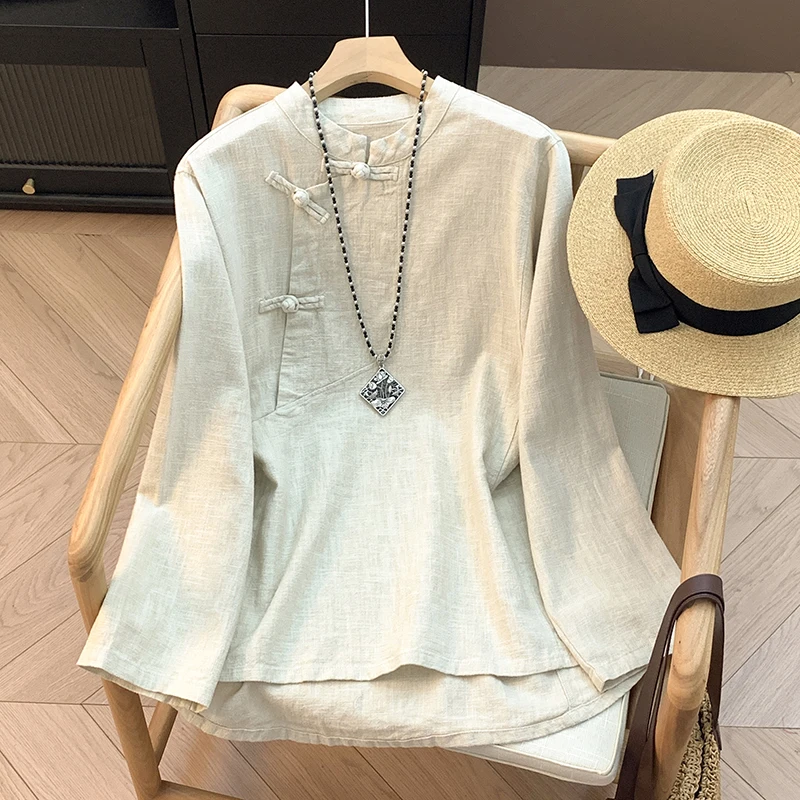 ربيع جديد Sle فضفاض طويل Sve القطن الكتان irt الرجعية زر الوقوف طوق الجانب زلة الشاي زي تي شيرت لون نقي العصرية